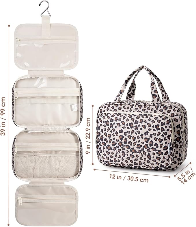 Travel Toiletry Bag for Women Large Capacity, Hanging Makeup Bag Organizer Toiletries Bag for Full Size Essentials, Accessories, Brushes, Cosmetics (Beige Leopard (Large))