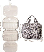 Travel Toiletry Bag for Women Large Capacity, Hanging Makeup Bag Organizer Toiletries Bag for Full Size Essentials, Accessories, Brushes, Cosmetics (Beige Leopard (Large))
