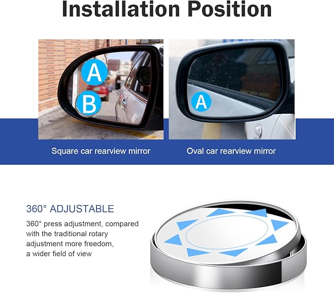 2 PCS Car Blind Spot Mirror, 1.97" HD Anti-Scratch Safe Blind Spot Rearview Mirror, 360° Rotatable Adjustable Wide Angle Auxiliary Side View Mirror, Universal for Most Cars (Silver)