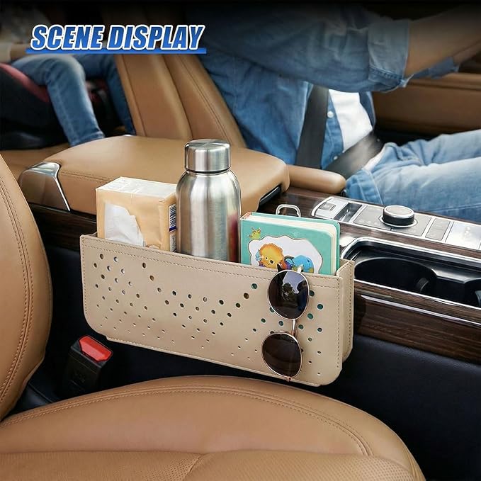 Car Seat Side Pocket Organizer, PU Leather Water-Resistant Car Console Storage Bag, Multifunctional Auto Interior Door Tray Pouch Organizer Accessories for Phone Keys Sunglasses (Beige)