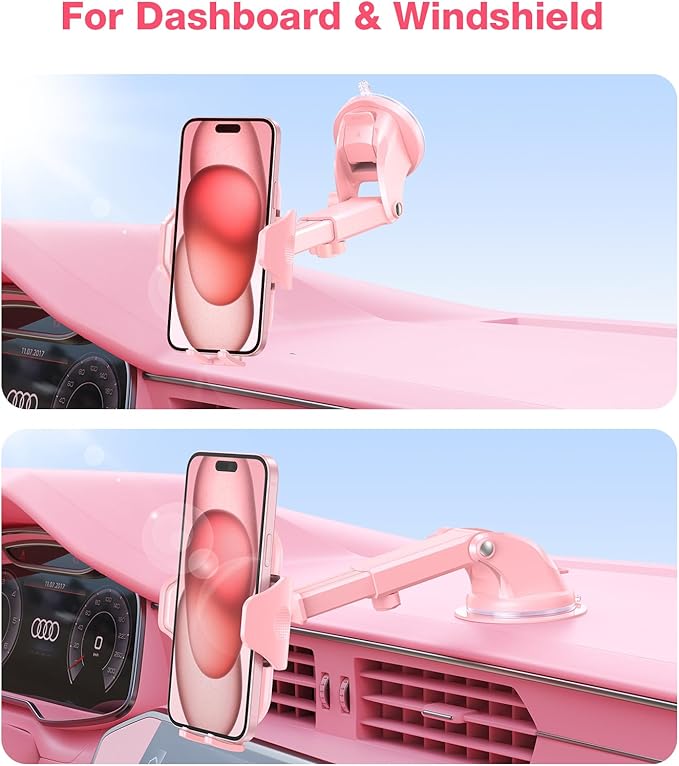 Pink Phone Holder for Your Car [Sturdy & Durable] [Powerful Suction] Dashboard Windshield Air Vent Car Phone Holder Hands Free Phone Mount for Car for iPhone Android, Pink Car Accessories