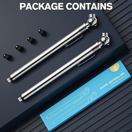 Pencil Tire Pressure Gauge 2 Pack, 10-75PSI Air Pressure Gauge with Tire Caps, Stainless Steel Body, 3 Measurements (±2% Span) for Cars, RVs, Bicycles