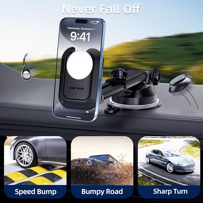 Car Phone Mount for Pop Socket: Suction Cup Cell Phone Holders for Automobile Dashboard Windshield Window - Dash Mounted Cellphone Stand Black Fits Thick Socket Wallet Grip for iPhone Samsung