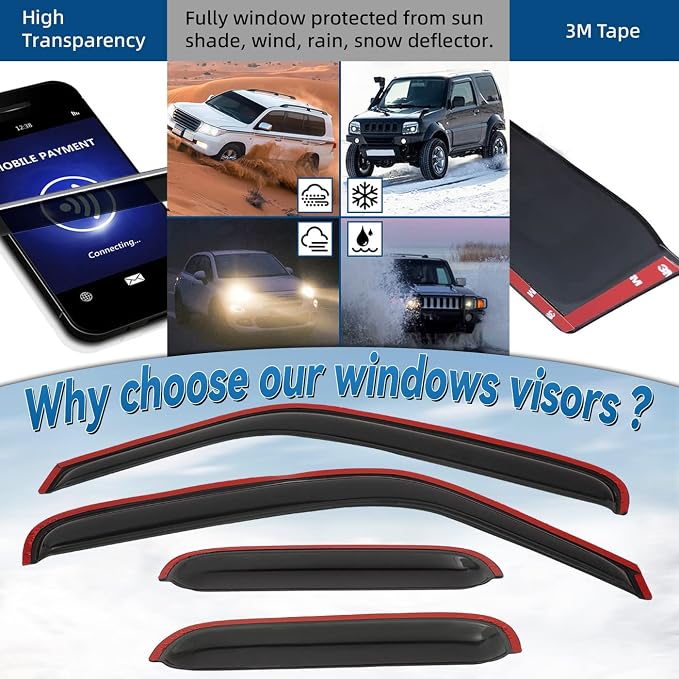 4pcs in Channel Smoke Tint Sun Rain Guard Front Rear Out Mount Tape-On Vent Window Visors Compatible with 99-11 Ranger 99-10 B2300/B2500/B3000/B4000 Super/Extended Cab with Half Size Rear Doors