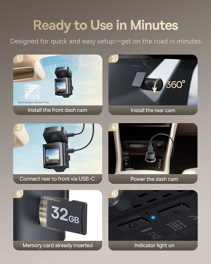 VD1 Pro Solar Dash Cam Front and Rear, 4K+1080P Dash Camera for Cars, Battery Powered Parking Mode, Starvis Night Vision, 32 GB Card Included, 5GHz WiFi, GPS, Wide Angle,Voice Control