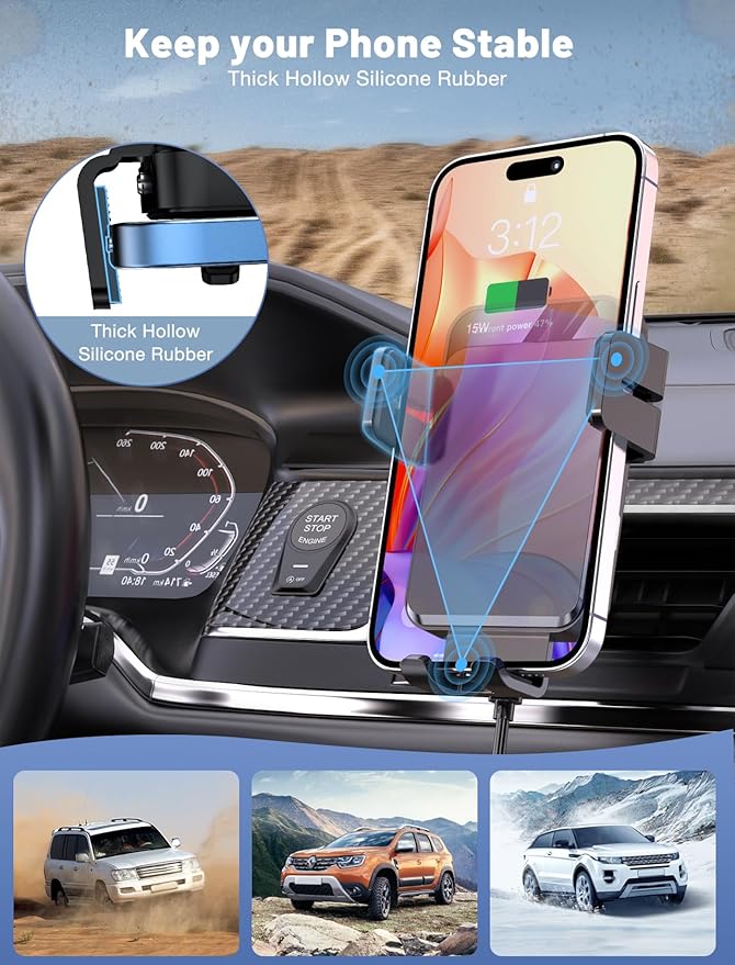 Wireless Car Charger, Auto-Clamping Car Mount 15W/10W/7.5W Fast Charging Air Vent Car Phone Mount Compatible with iPhone 15/14/13/13 Pro/12 Pro Max/12 pro/12/11/10 Series, Samsung Galaxy Series