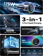 175W Super Fast Car Charger [GaN] 3-Port Car Charger USB C Fast Charge with USB-C Cable, Car Cigarette Lighter USB Charger for iPhone 17/16/15, Samsung S26/25, Pixel 10, MacBook, iPad and More