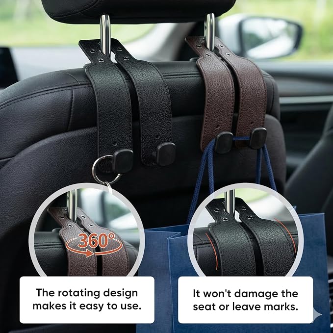 Headrest Hooks for Car, Car Seat Hooks for Headrest, Seat Back Storage Hook, Twinhook Leather Car Headrest Hangers, Seat Back Universal Fit Storage Organizer for Purses and Bags Cute (2, Grey)