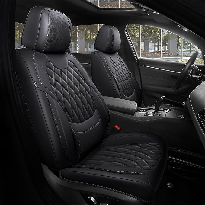 Car Seat Covers Front Seats - Luxury Breathable Waterproof Faux Leather Car Seat Cover Protectors with Lumbar Support, Universal Fit for Most 5 Seats Vehicles Sedans Hatchbacks Pick-ups, Black