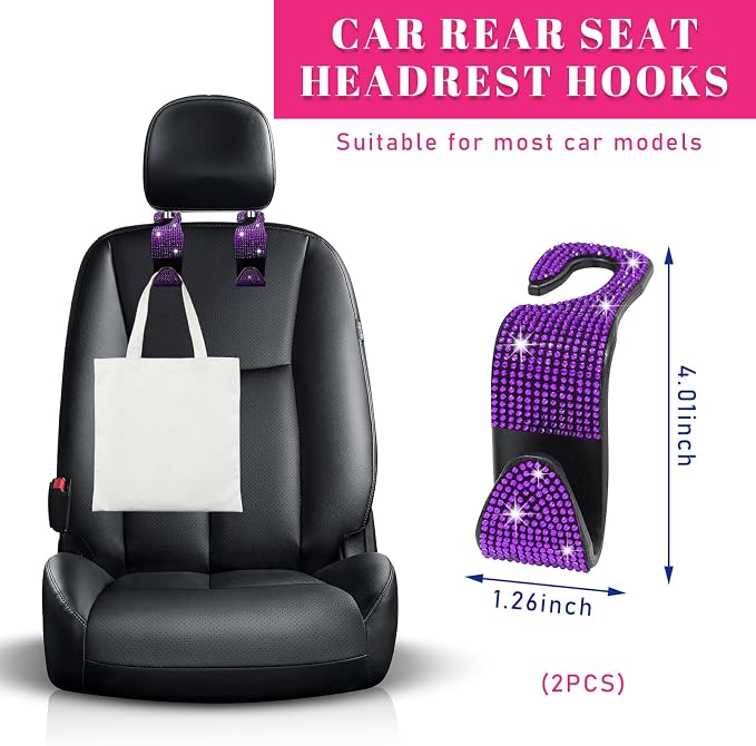 2 PCS Bling Car Seat Headrest Hooks, Crystal Rhinestone Back Seat Hanging Storage Organizer, Auto Purse Bags Hanger, Universal Vehicle Interior Accessories for Women Girls (Purple)