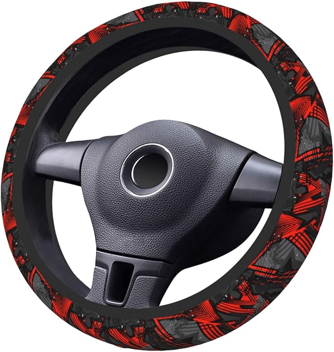 Cool Red Black and Gray Geometric Steering Wheel Cover for Women Men Girls Car Accessories Decor Anti-Slip Neoprene Auto Steering Wheel Covers Protector Universal 15 Inch