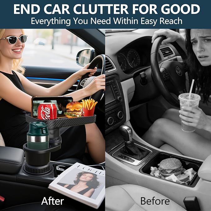 Car Cup Holder Tray, Cup Holder Expander Adapter for Car, 9.5” Detachable Car Food Tray Table for Eating, Road Trip Essentials Fits Yeti, Hydro Flask 16-46 oz