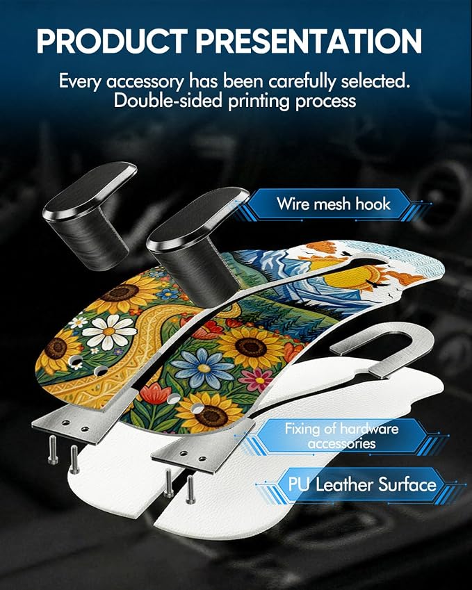 Purse Holder for Car, 2 Pack Heavy Duty Purse Hanger for Car, PU Leather Car Seat Hooks for Purses and Bags, Cute Sunflower Headrest Organizer for Handbags & Backpacks