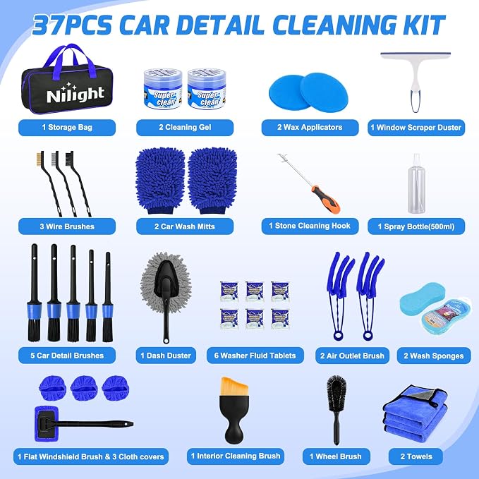 37PCS Car Detailing Kit Auto Cleaning Tools Wash Set with Storage Carry Bag Home Use for Interior Exterior Deep Clean Car Care Windshield Dashboard Seat Air Vents Wheels Tires, Blue