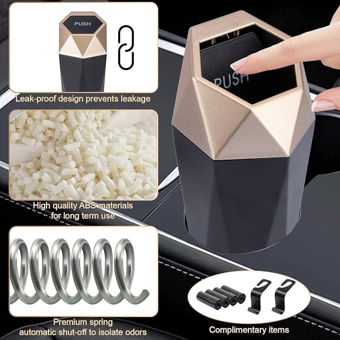 Car Trash Can, Car Trash Bin with Lid, Car Accessories for Women Interior, Car Garbage Can with Additional 2 ABS Hooks and 60pcs Trash Bags, Suitable for Home, Office, Car Organizer, Gold