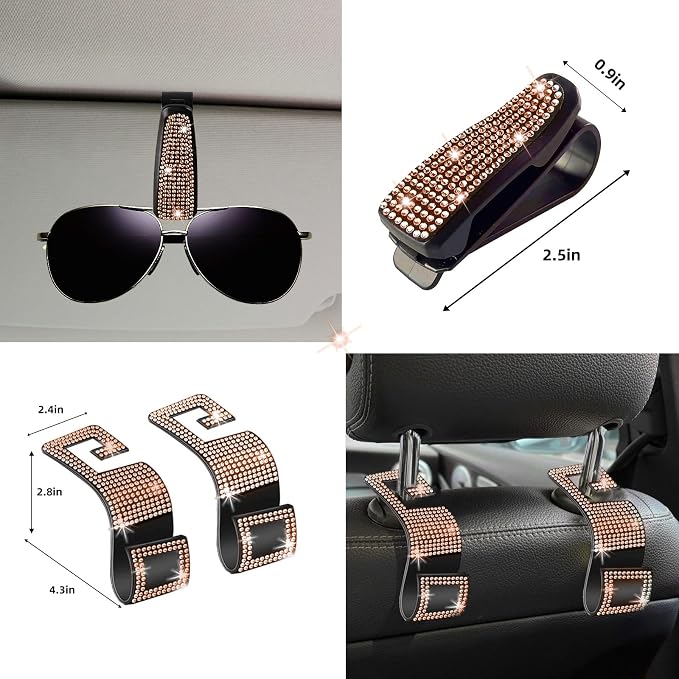 27 PCs Gold Champagne Bling Car Accessories Set for Women, Steering Wheel Covers Universal Fit 15 Inch, Bling License Plate Frame, Bling Phone Holder, Bling Car Coasters