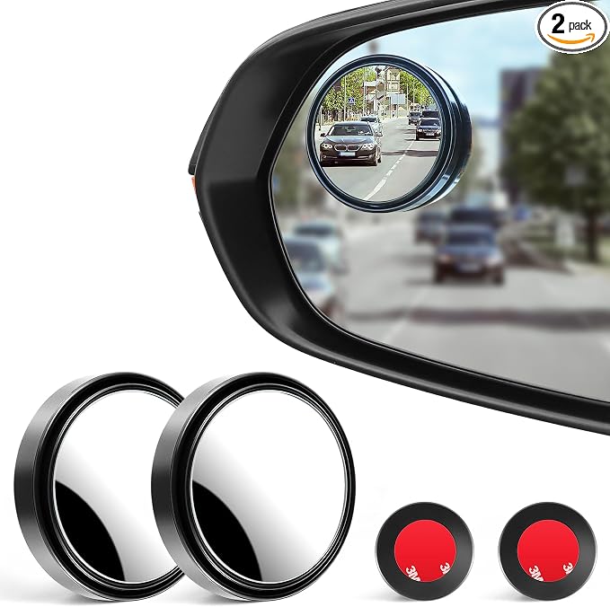 2PCS Round Blind Spot Mirror, HD Glass and ABS Housing Convex Wide Angle Rearview Mirror with Adjustable Stick for Universal Car, Black