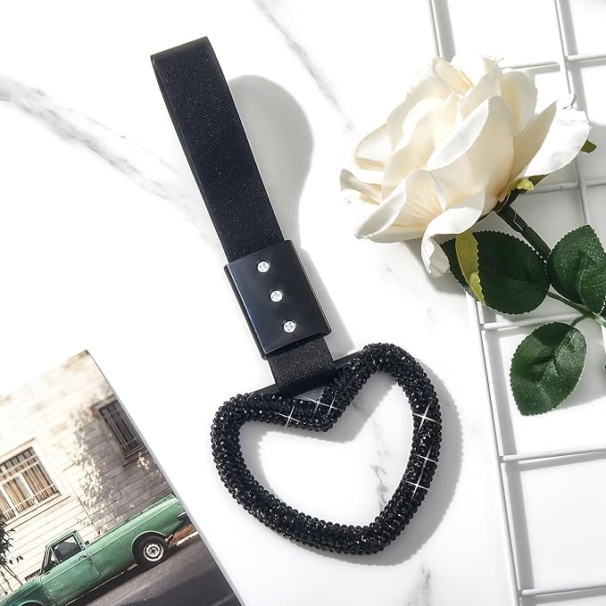 Bling Car Accessories Bling Heart Handle Ring Car Accessory for Women Hand Strap Drift Charm Rear Bumper Warning Ring Decor for Auto Bus Interior Exterior Decoration (Black, Heart Style)
