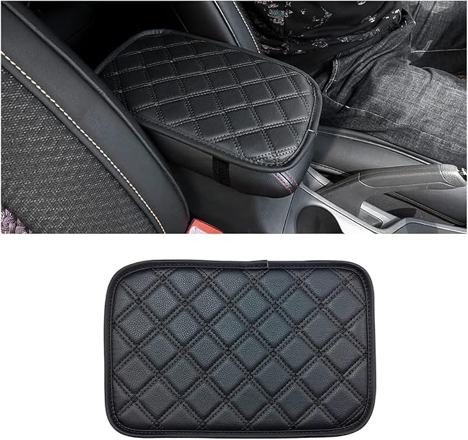Car Leather Center Console Cushion Pad, 11.4"x7.4" Waterproof Armrest Seat Box Cover Fit for Cars, Vehicles, SUVs, Comfort, Car Interior Protection Accessories (Black-2)
