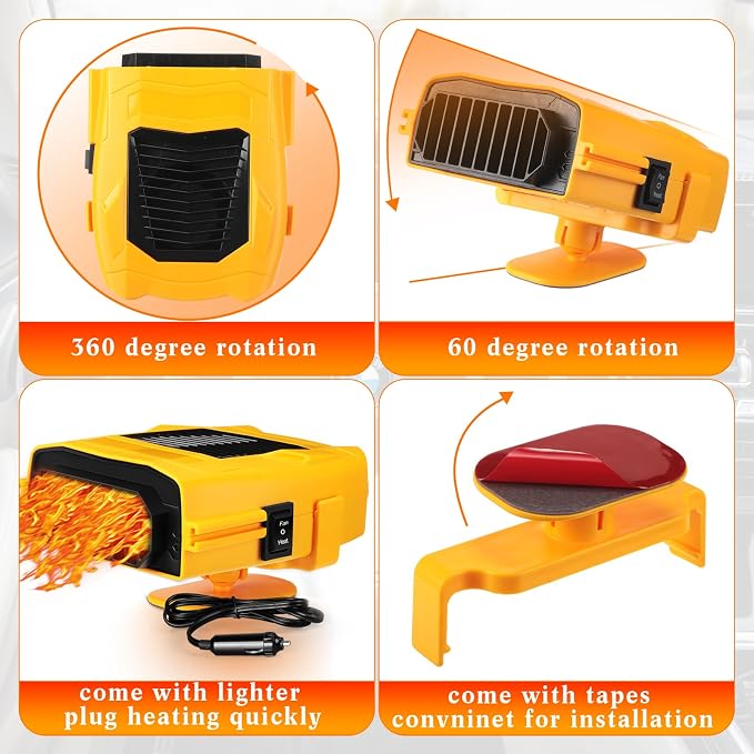2 Pcs 12v 150w Car Heater for Vehicle Plugs into Cigarette Lighter with 360° Rotatable Base, 2 in 1 Portable Winter Windshield Defroster Electric Defogger Warmer for Car Suv Universal(Yellow)