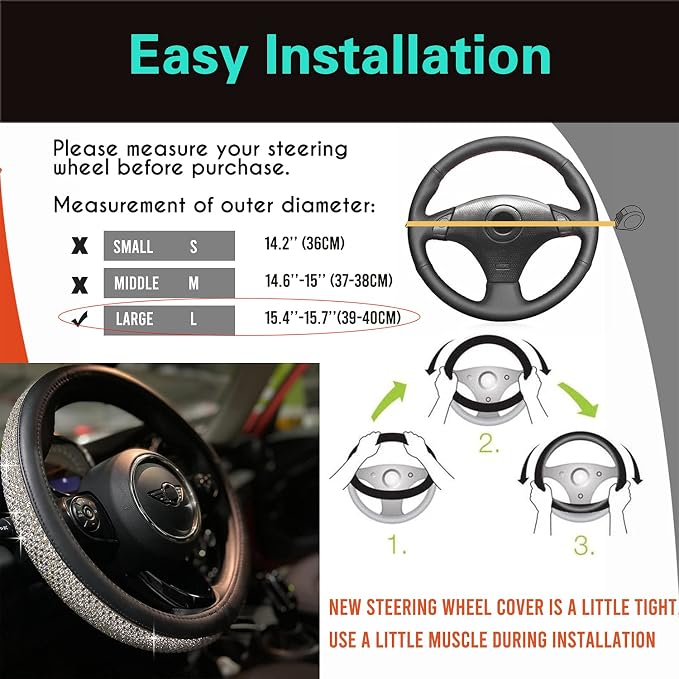 Large Size Bling Comfy Steering Wheel Cover with Jumbo Crystal Rhinestones, Anti-Slip Diamond Leather, 15.5-15.75 Inch (Silver)