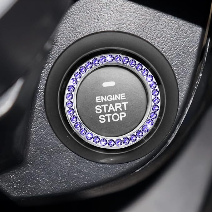 Bling Car Engine Start Ring Decals, 2PCS Crystal Rhinestone Vehicle Push Start Button Cover Sticker, Key Ignition Knob Ring, Sparkling Automotive Interior Accessories (Royal Blue)