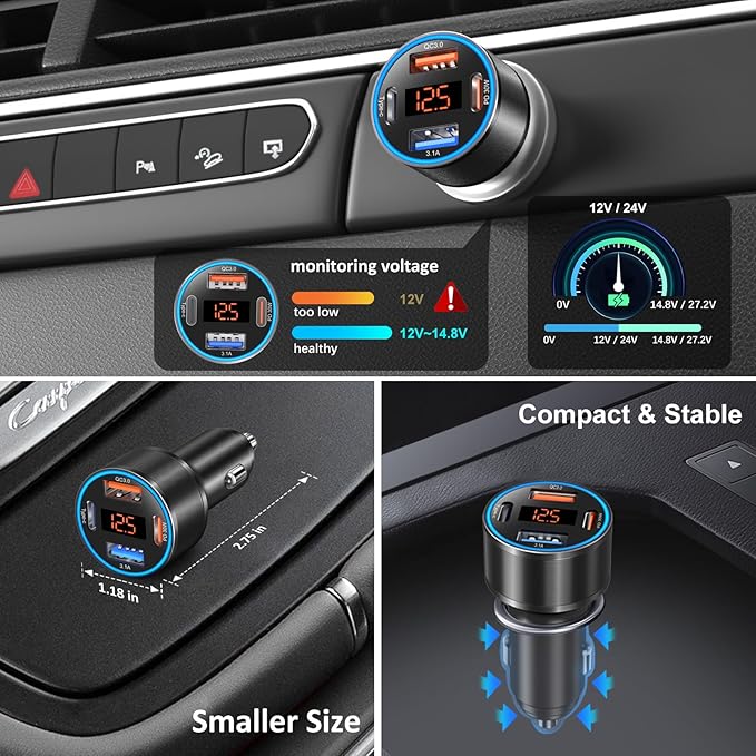 Car Charger USB C Fast Charge, 2 Pack 65W 4-Port Dual 12V USB-C & USB-A Car Phone Charger Super Fast Charging Cigarette Lighter Adapter for Samsung S26/S25/S24/S23, Pixel, Android +60W Type C Cable