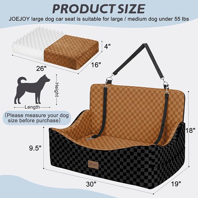 Dog Car Seat for Medium/Large Dogs - Reversible Dual-Sided Travel Dog Car Bed with Memory Foam, Washable Pet Booster Seat for Dogs up to 55 lbs or 2 Small Dogs, 2 Safety Leashes, Brown
