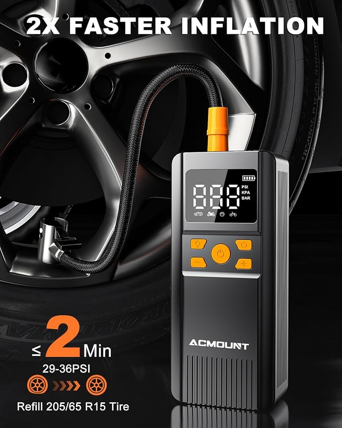Tire Inflator Portable Air Compressor, 150PSI Portable Air Pump for Car Tires, 2X Faster Inflation Cordless Tire Inflator with Pressure Gauge LED Light for Car, Bike, Motorcycle, Ball