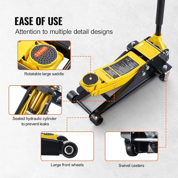 Low Profile Floor Jack 2 Ton (4400 lbs), Heavy Duty Iron Hydraulic Racing Floor Jack, Hydraulic Car Jack, Dual Piston Quick Lift Pump, 3"-18.5" Height Lifting Range (Yellow)