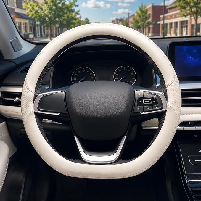D Shaped Steering Wheel Cover, Flat Bottom Car Wheel Cover 14 1/2-15 inch (37-39 cm), Non-Folding Packaging, Microfiber Leather, Black and Light Creamy White