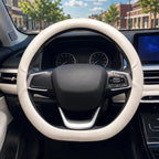 D Shaped Steering Wheel Cover, Flat Bottom Car Wheel Cover 14 1/2-15 inch (37-39 cm), Non-Folding Packaging, Microfiber Leather, Black and Light Creamy White