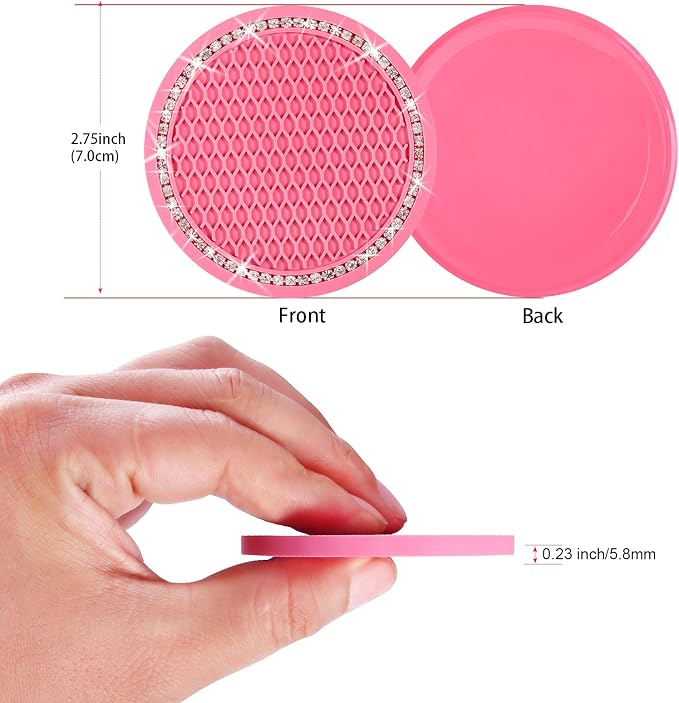 4PCS Bling Coaster, 2.75 Inch Auto Car Cup Holder Insert Coasters Silicone Anti-Slip Crystal Rhinestone Drink Mat, Universal Vehicle Interior Accessories for Women Girls (Pink)