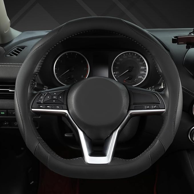 Flat Bottom Car Steering Wheel Cover for Nissan,D Shaped Steering Wheel Cover for Rogue,Altima,Kicks (Black-Standard Size)
