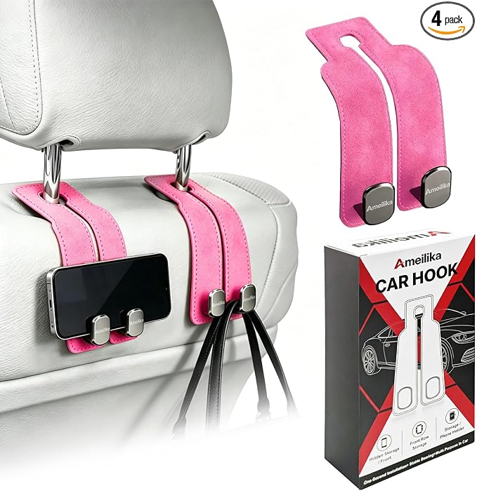 Car Headrest Hook, Car Seat Headrest Hooks and Purse Hook for Car, Leather Seat Back Organizer with Phone Holder, Universal Hidden Storage for SUV/Truck (Rose Red-2Pack)