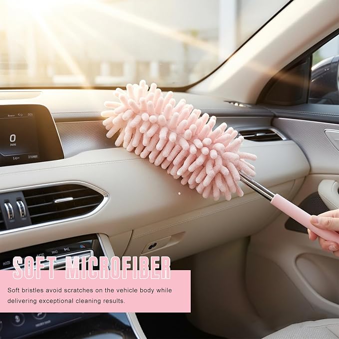 2 PCS Car Interior Duster with Extension Pole, Stretchable Chenille Vehicle Dusters with Bendable Head, Scratch Free Dusters Soft Cleaning Tool for Car Exterior & Interior (Pink)