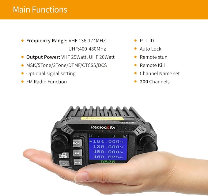 DB25 Pro Dual Band Quad-Standby Mini Mobile Car Truck Radio, 4 Color Display, 25W Vehicle Transceiver with Cable + High Gain Quad Band Antenna