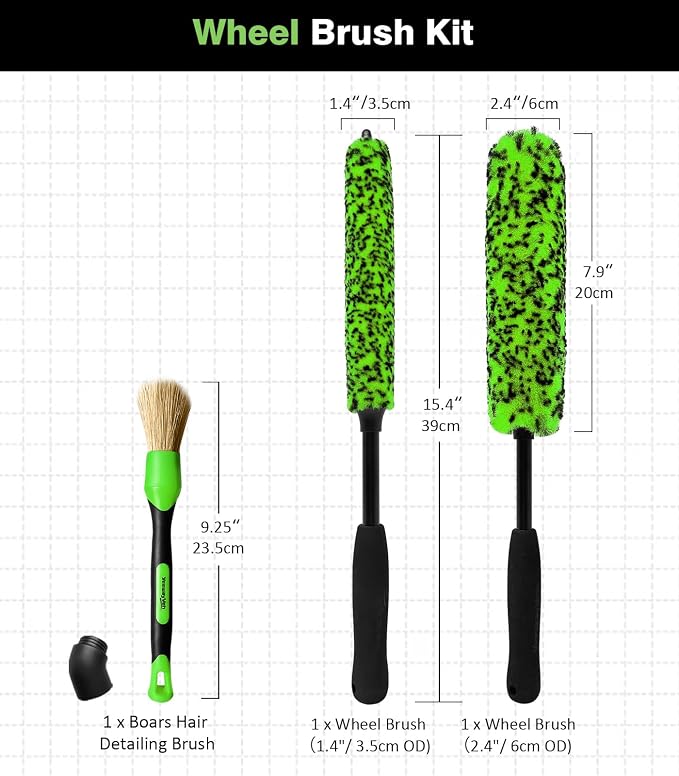3PCS Quick Car Wheel Brush Kit, 2-Size 360° Bendale Rim Cleaner Brushes, Boars Hair Detailing Brush, Fast Scratch-Free Cleaning for Car Wheels, Motorcycle, Green