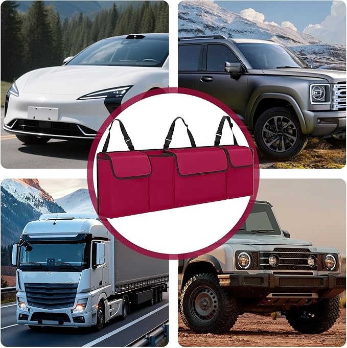 Car Trunk Organizer, Backseat Hanging Large Storage with Adjustable Straps,Waterproof PVC Collapsible Cargo Bag, Car Interior Accessories for Auto SUV MPV (Red)