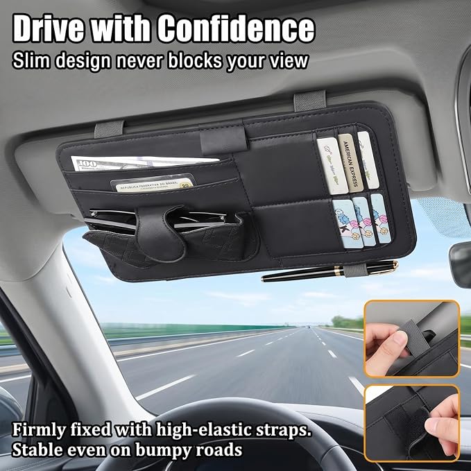 Car Sun Visor Organizer, Multi-Pocket Visor Storage Pouch for Sunglasses, Cards, Pens, Document, Waterproof Leather Auto Interior Organization Accessories, Universal for Most Cars (Black)