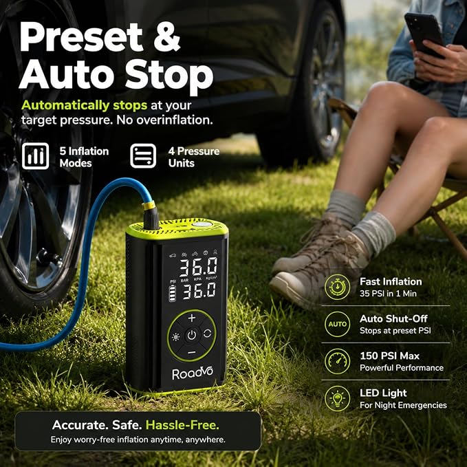 [10000mAh] Tire Inflator Portable Air Compressor - 150PSI 3X Faster Electric Cordless Air Pump for Car Tires, Bike Pump with Presta & Schrader Valves, Digital Gauge, LED Light, Auto Shut-Off