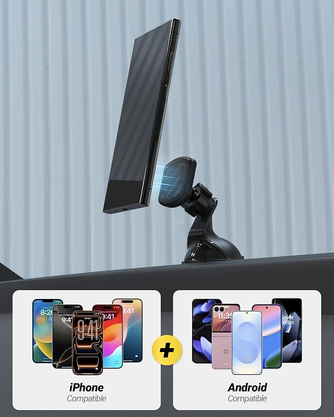 Extra Strength Suction Car Phone Mount, Magnetic Phone Holders for Your Car Windshield/Dashboard, Car Holder with 360° Rotation, Thick Metal Plate for iPhone and Android, Not MagSafe, 2-Pack