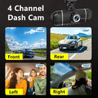 4 Channel Dash Cam Front and Rear Left Right, 360° View 1080P Car Dash Camera, Super Night Vision, G-Sensor,170° Wide Angle, Loop Recording, 24H Parking Monitor, WiFi & APP Control, 64GB SD Card
