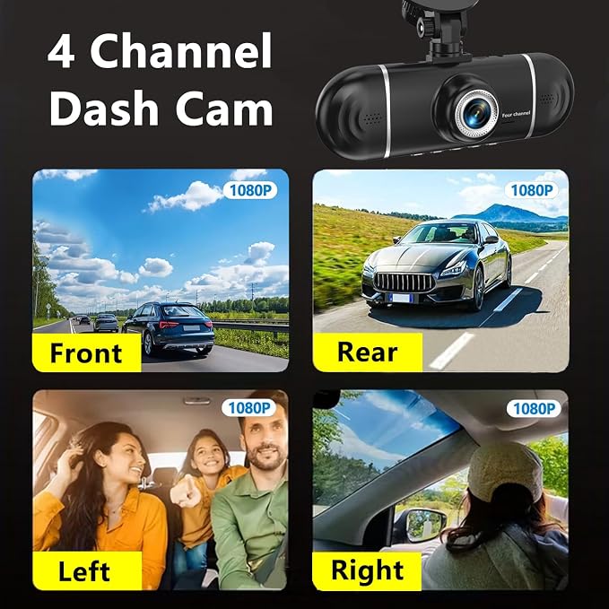 4 Channel Dash Cam Front and Rear Left Right, 360° View 1080P Car Dash Camera, Super Night Vision, G-Sensor,170° Wide Angle, Loop Recording, 24H Parking Monitor, WiFi & APP Control, 64GB SD Card