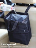 New Leak-Proof Travel Trash Bag, Hanging Car Trash Can with Hook and Loop Lid and Handle, Multipurpose Trash Bin with Storage Pockets for Car SUV Truck RV Camping 2 Gallons, Black