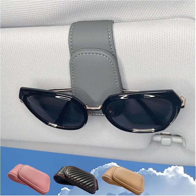 CHOSMOYI Magnetic Leather Sunglass Holder for Car, Sunglasses Clip for Car Visor, Auto Interior Accessories Universal for Different Size Eyeglasses (Grey)