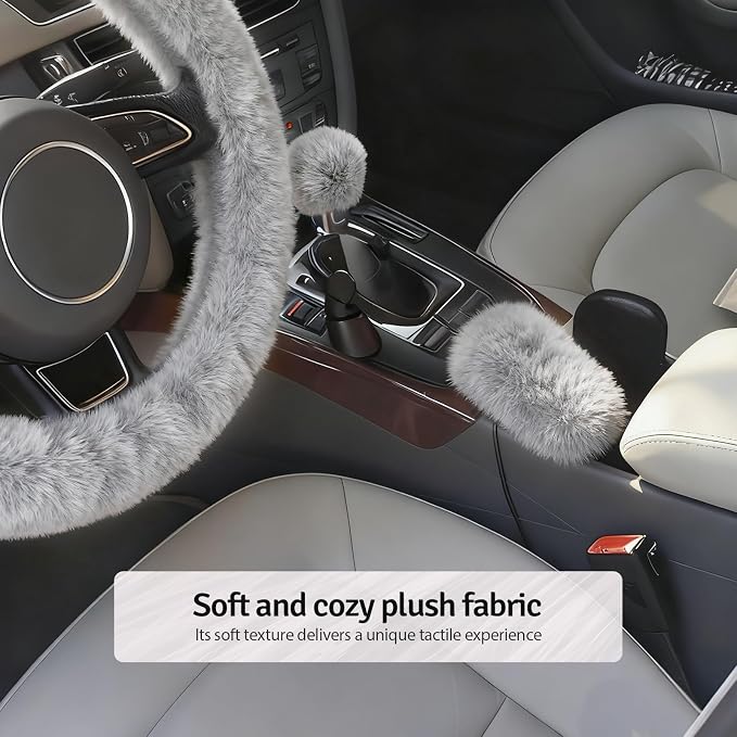 Fluffy Steering Wheel Cover 3PCS Set – Plush Fuzzy Fur Steering Wheel Cover with Gear Shift Cover & Handbrake Cover, Winter Warm Car Accessories, Car Interior Accessories for Women (Gray)
