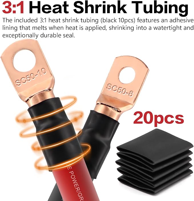 0 Gauge Wire 40FT (20Ft Black+20Ft Red) Copper Clad Aluminum(CCA),0 Gauge Battery Cable Wire,20pcs Lugs Terminal Connectors,20PCS Heat Shrink Tubing for Primary Wiring,Winch Wiring,Inverter Cables