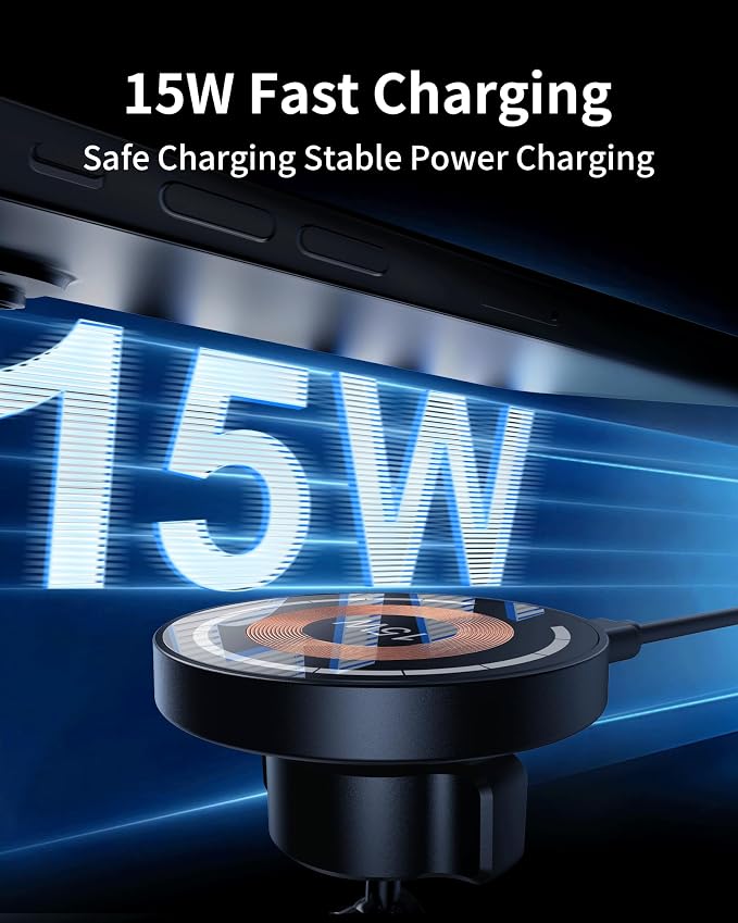 Magnetic Wireless Car Mount Charger, 15W Fast Charging for MagSafe Car Mount,Magnetic Car Phone Holder Mount, Car Cell Phone Holder Fit iPhone 17 16 15 14 13 12 All Smartphones