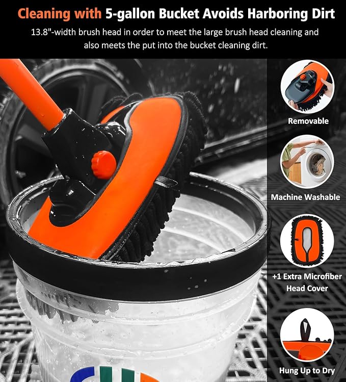 Car Wash Brush, 43" Extendable Car Wash Brush Mop with Long Handle, 15 Degree Curved Soft Car Washing Brushes with Extra Microfiber Brush Head for Truck SUV Cleaning, Orange